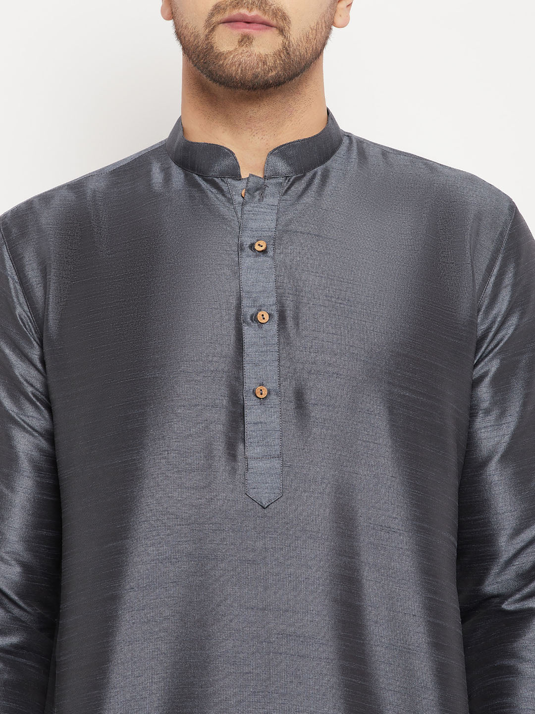 Men's Steel And Black Silk Blend Kurta Pyjama Set