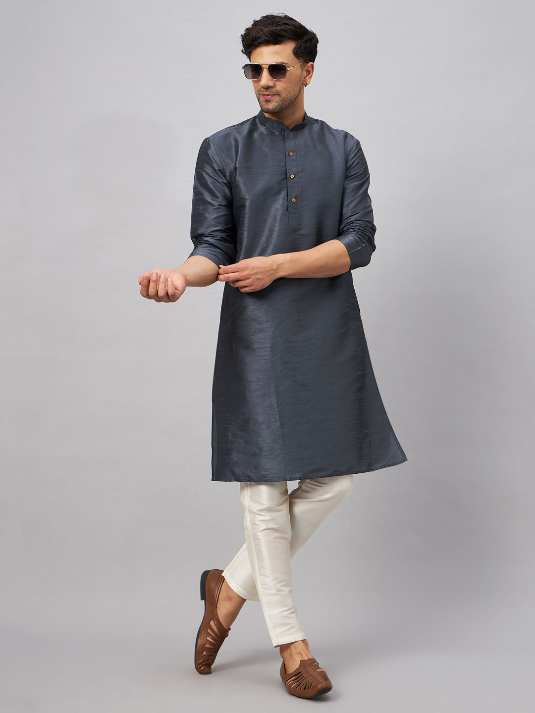 Men's Steel And Cream Silk Blend Kurta Pyjama Set