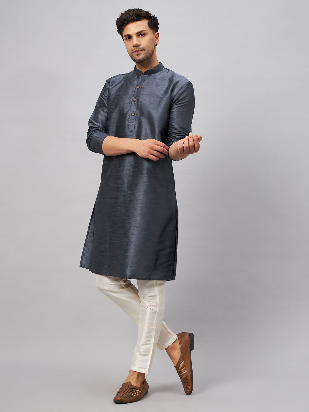 Men's Steel And Cream Silk Blend Kurta Pyjama Set