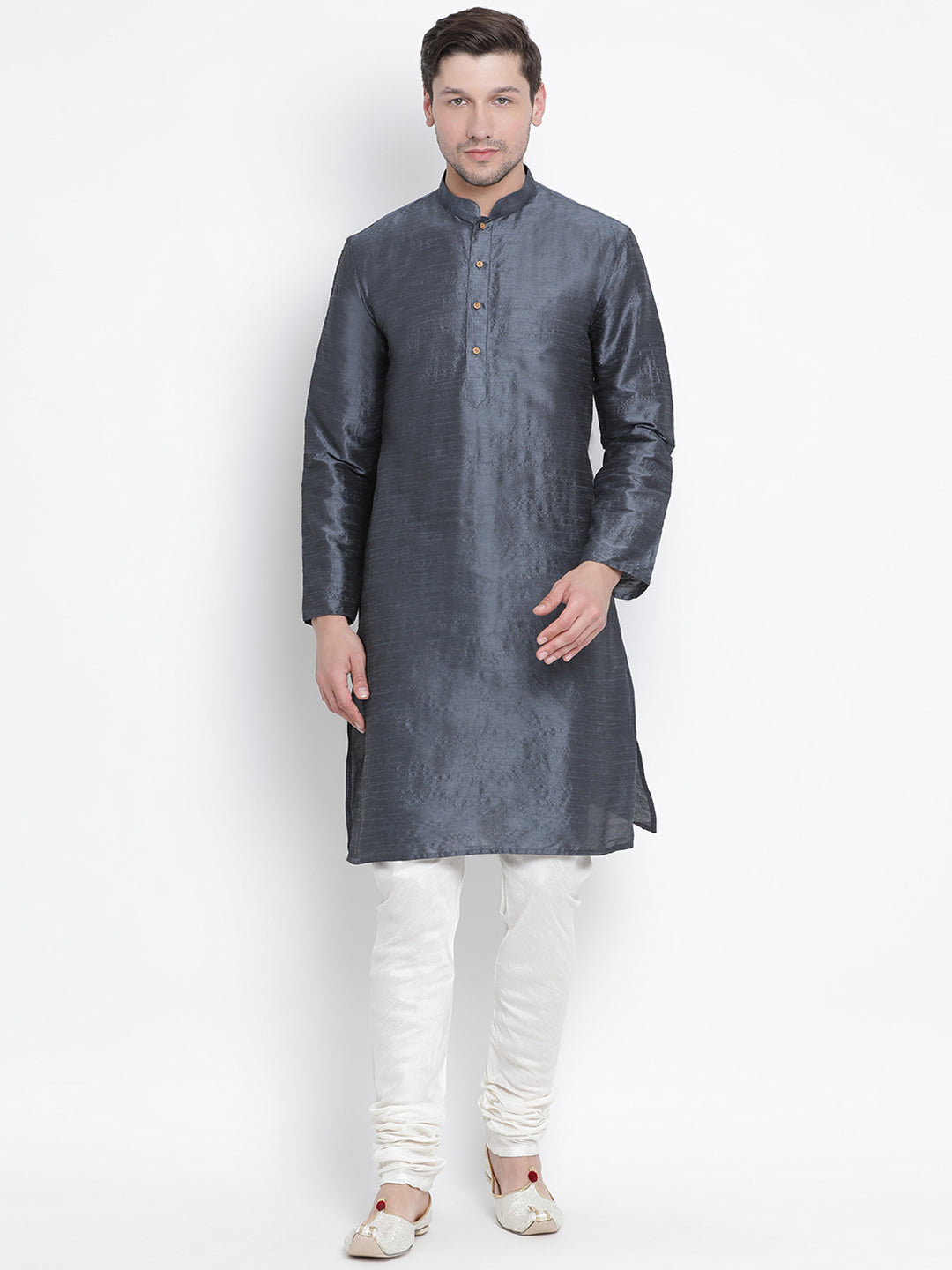 Men's Grey Silk Blend Kurta Pyjama Set