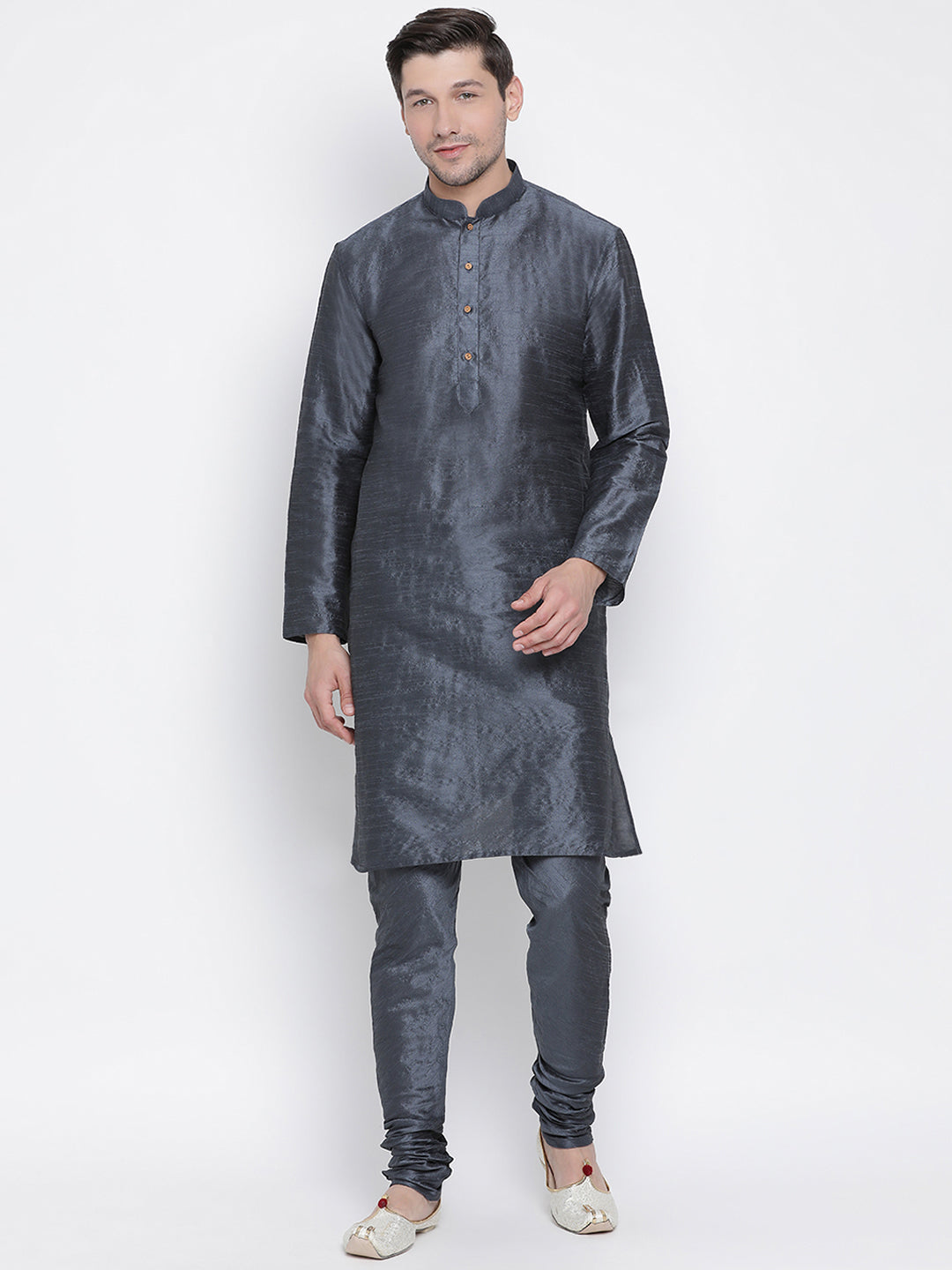 Men's Grey Silk Blend Kurta Pyjama Set