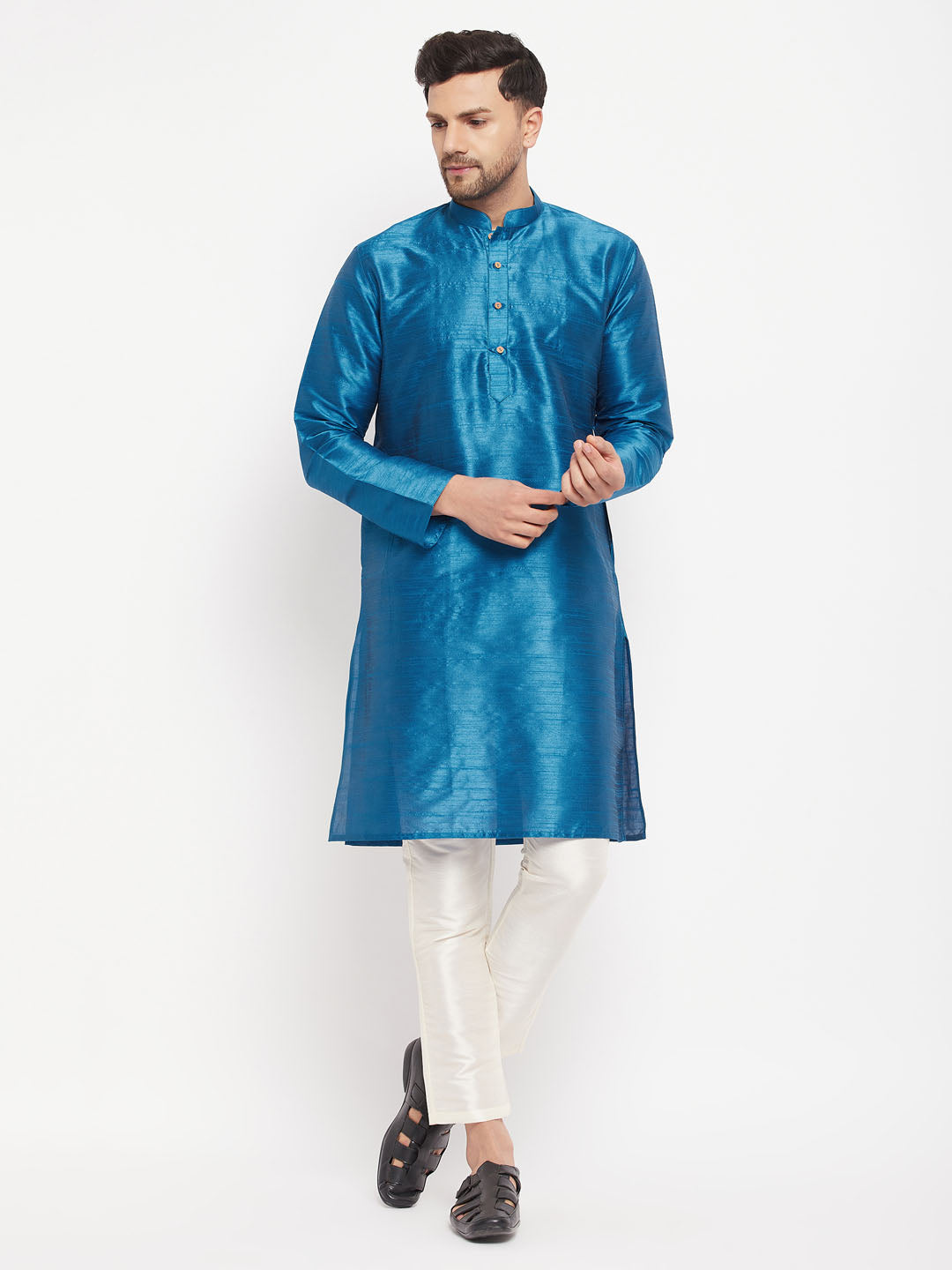 Men's Turquoise And Cream Silk Blend Kurta Pyjama Set