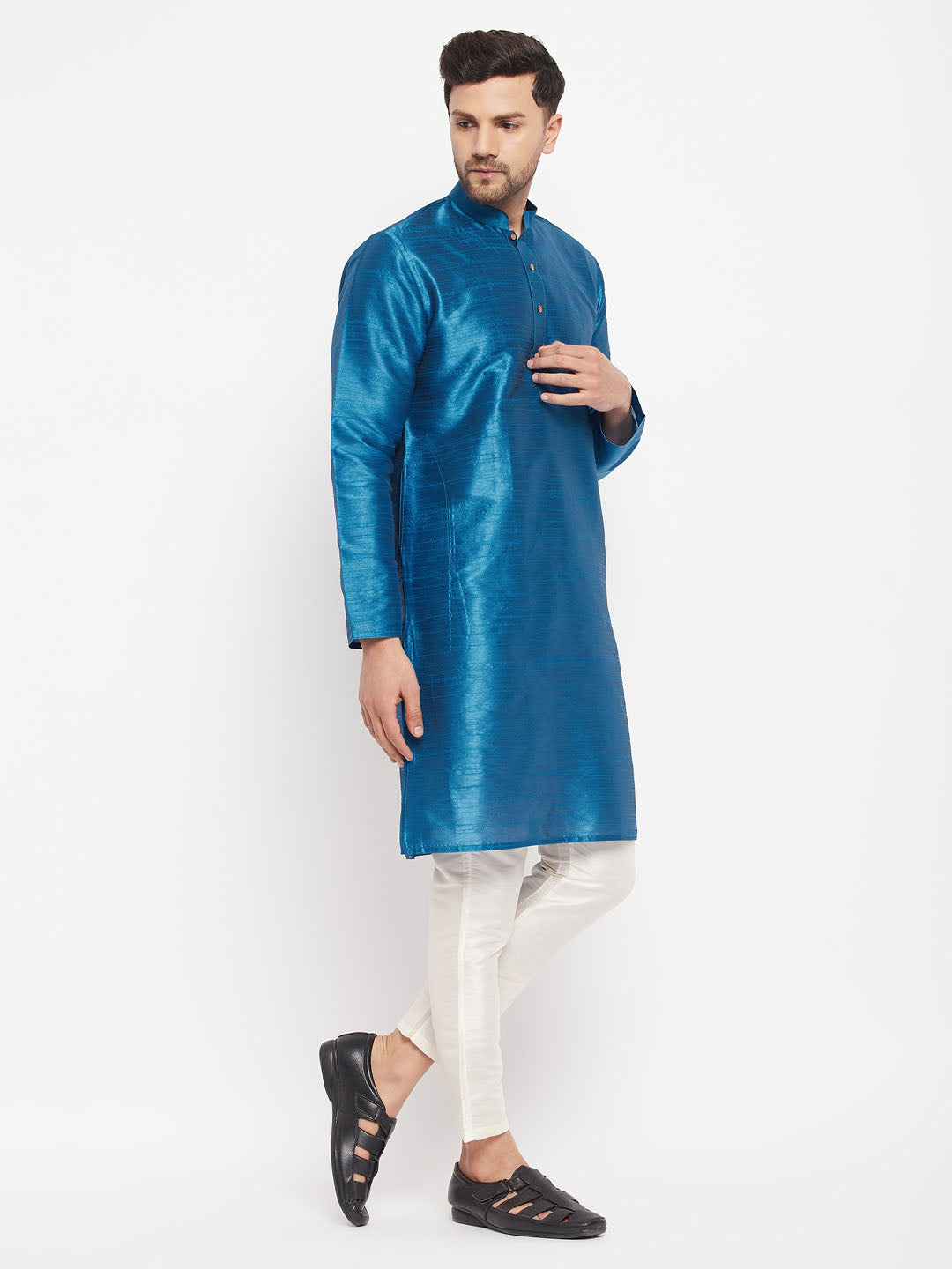 Men's Turquoise And Cream Silk Blend Kurta Pyjama Set