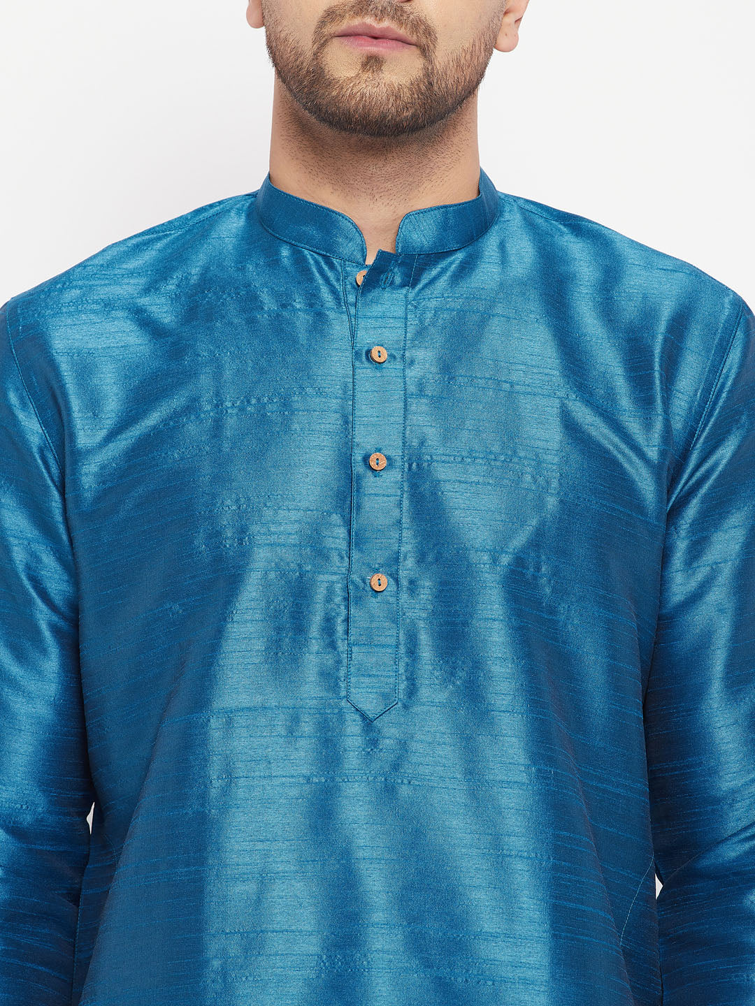 Men's Turquoise And Cream Silk Blend Kurta Pyjama Set