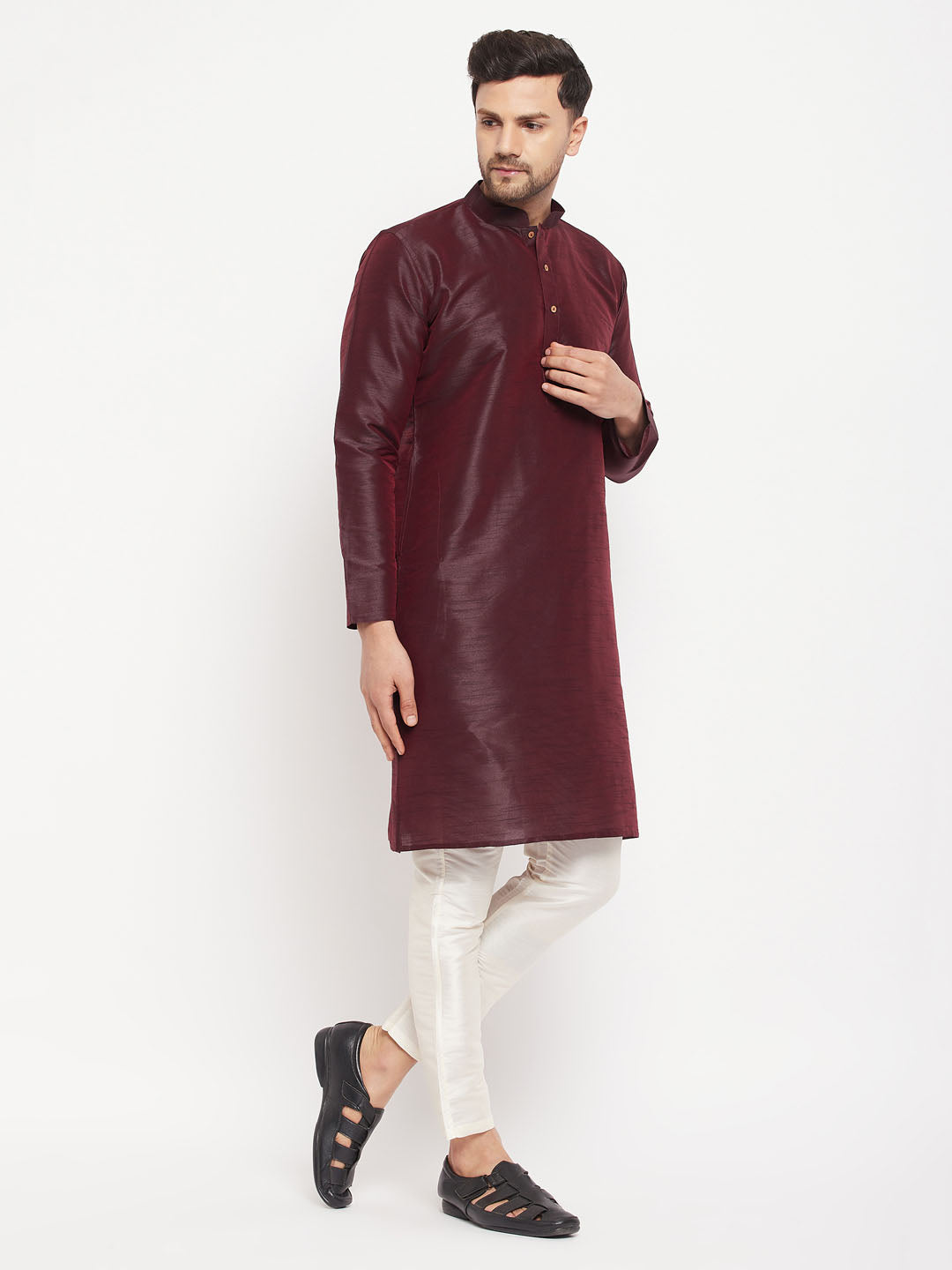 Men's Wine And Cream Silk Blend Kurta Pyjama Set