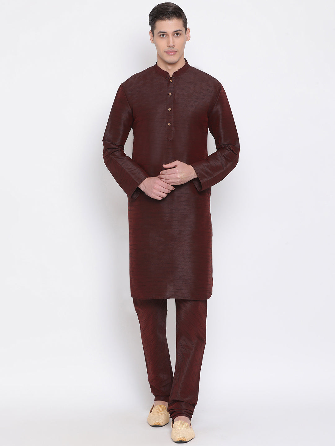 Men's Wine Silk Blend Kurta Pyjama Set