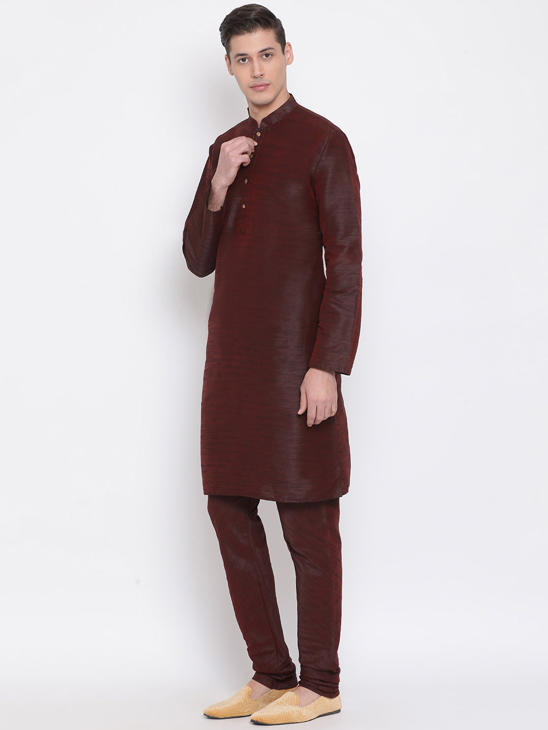 Men's Wine Silk Blend Kurta Pyjama Set