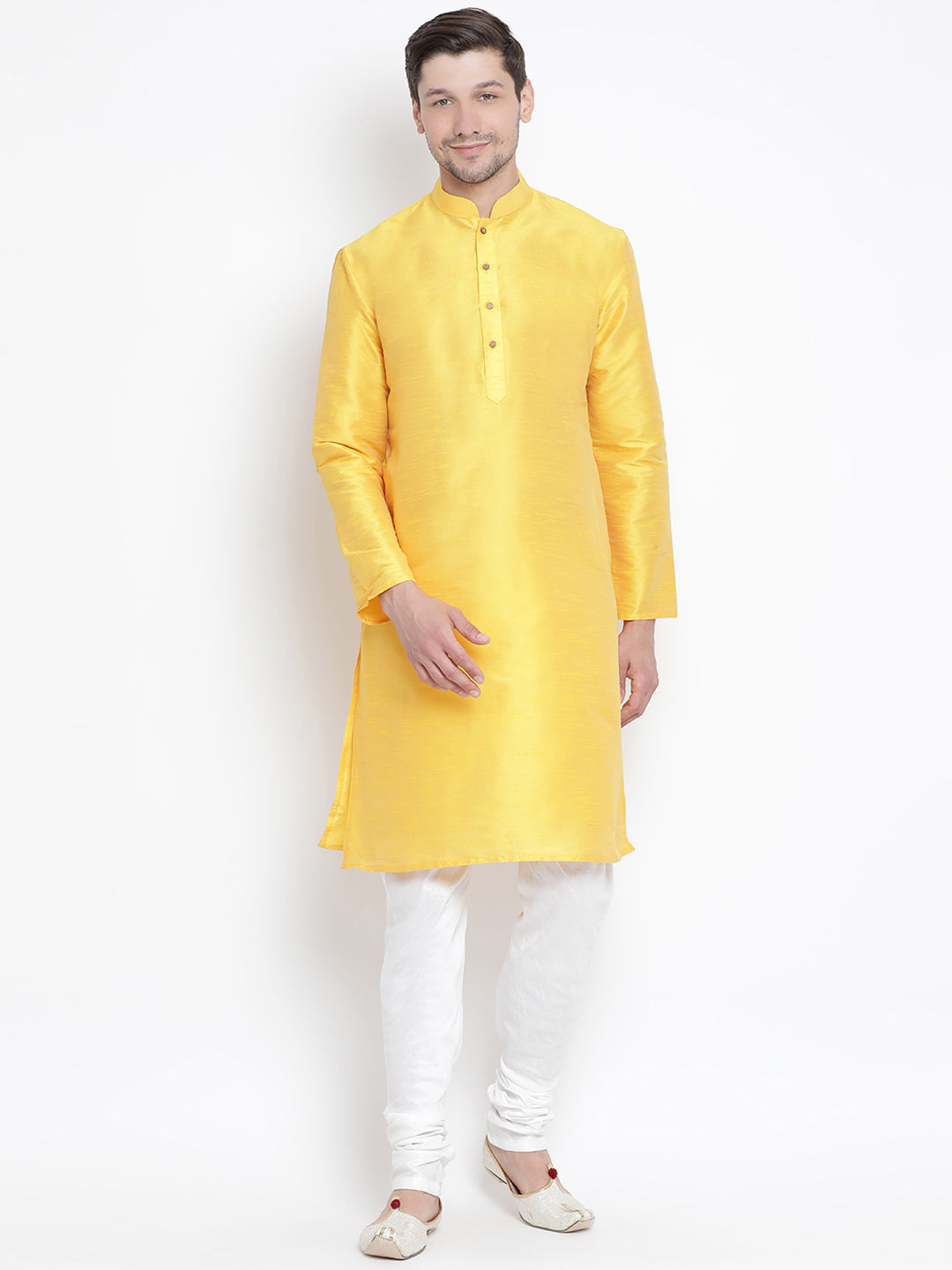 Men's Yellow Silk Blend Kurta Pyjama Set