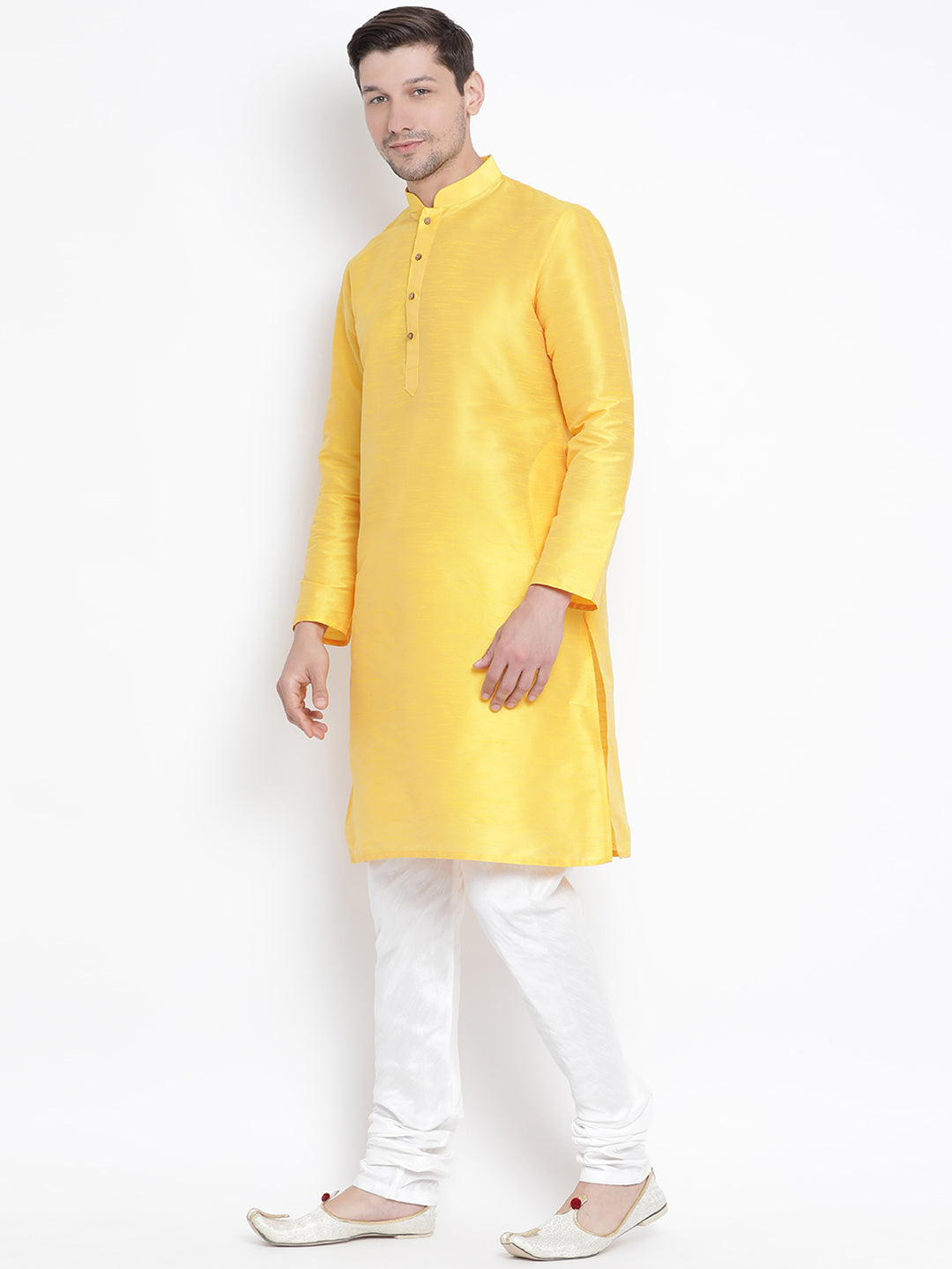 Men's Yellow Silk Blend Kurta Pyjama Set