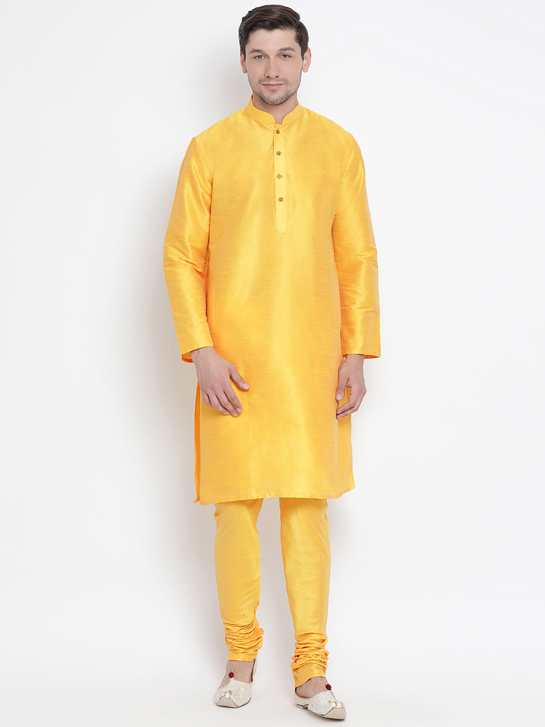 Men's Yellow Silk Blend Kurta Pyjama Set