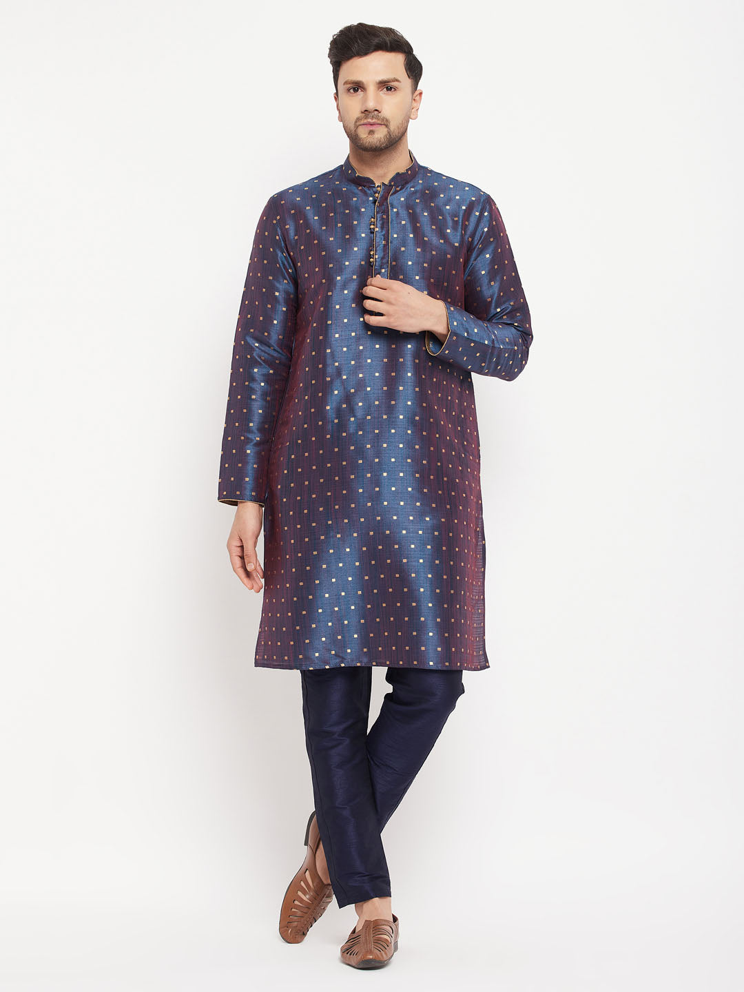 Men's Navy Blue Silk Blend Kurta Pyjama Set