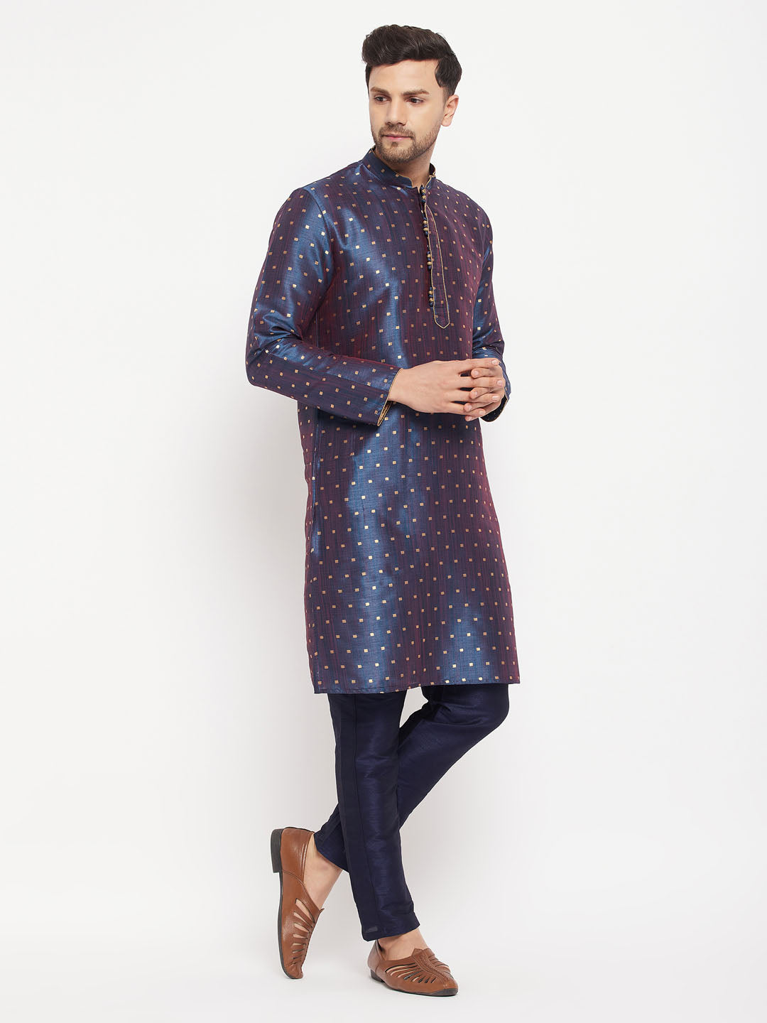 Men's Navy Blue Silk Blend Kurta Pyjama Set