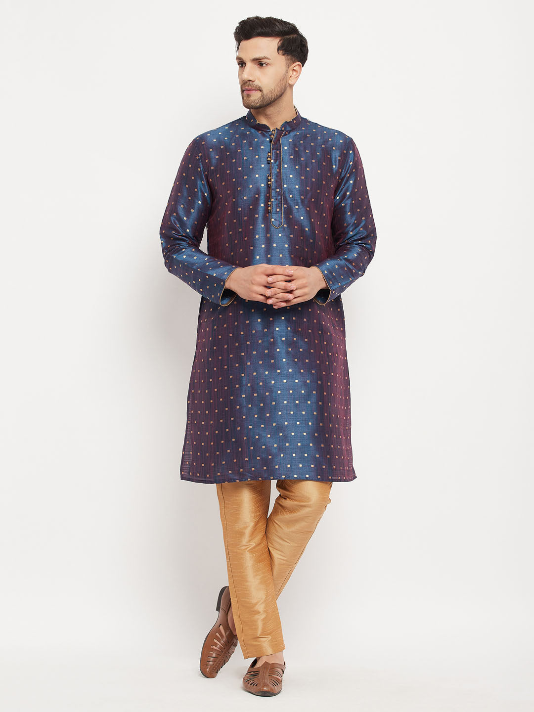 Men's Blue And Rose Gold Silk Blend Kurta Pyjama Set