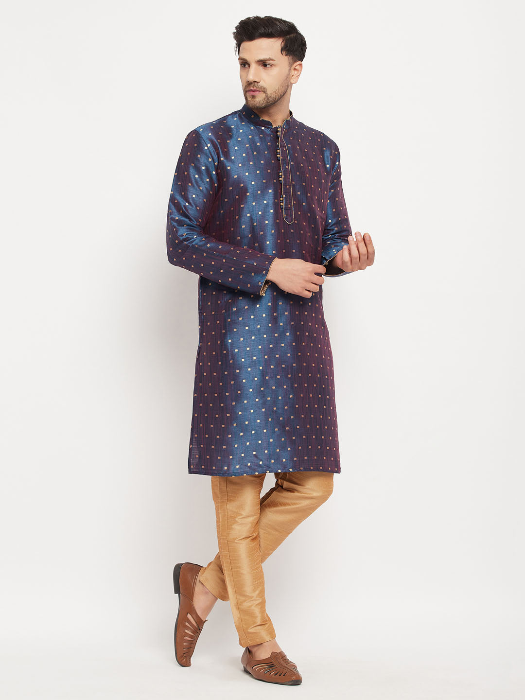 Men's Blue And Rose Gold Silk Blend Kurta Pyjama Set