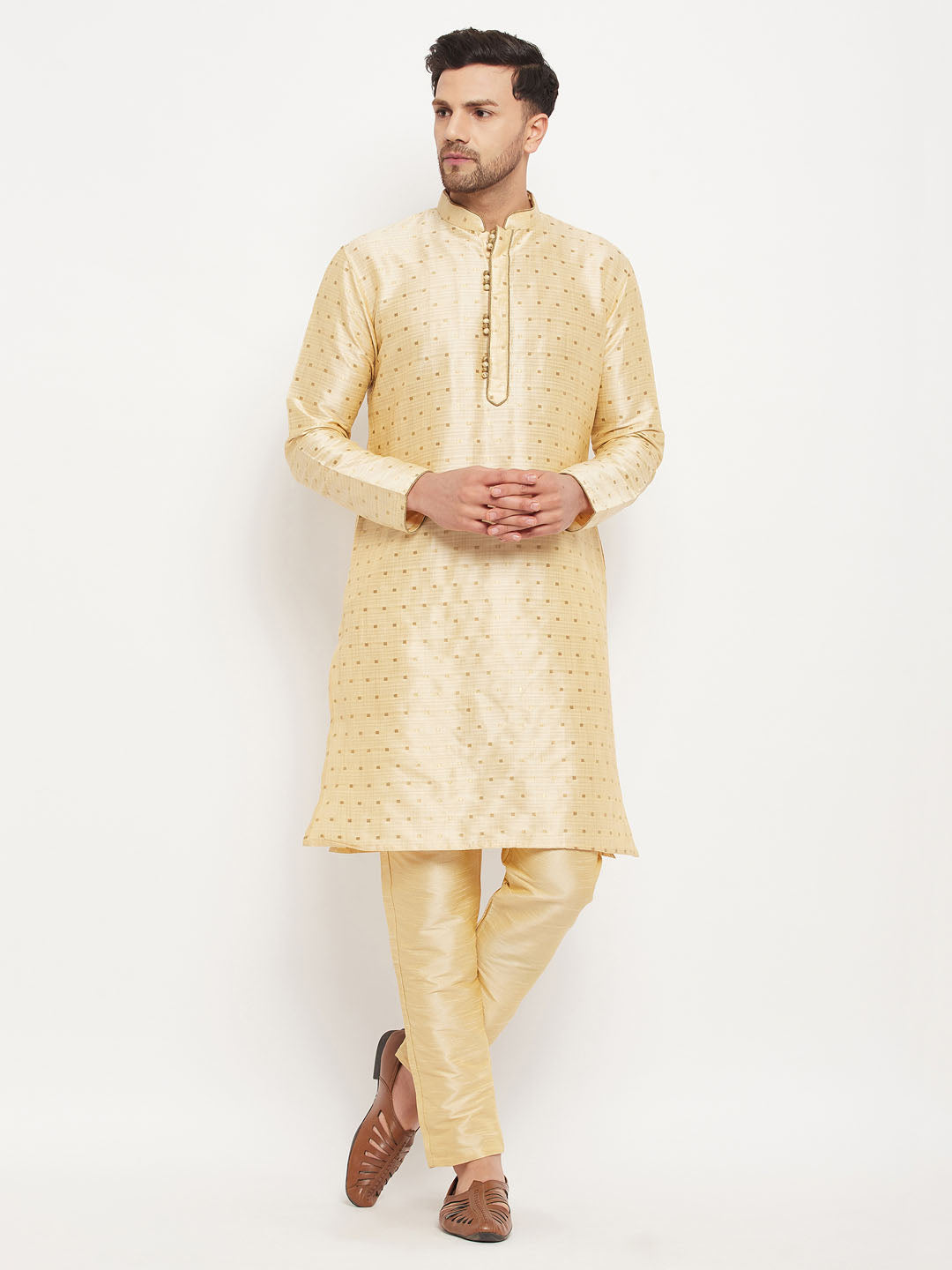 Men's Gold Silk Blend Kurta Pyjama Set