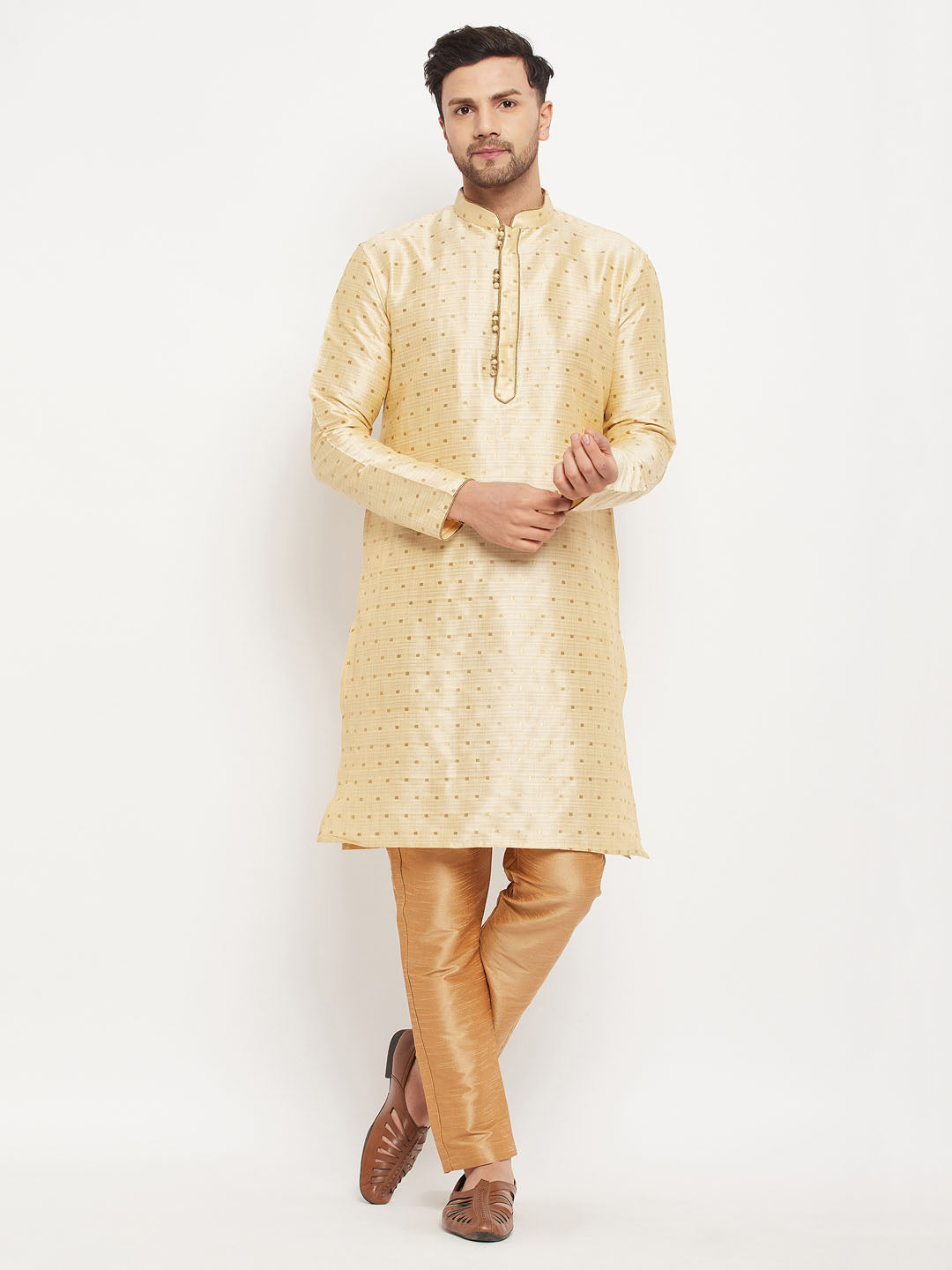 Men's Gold And Rose Gold Silk Blend Kurta Pyjama Set