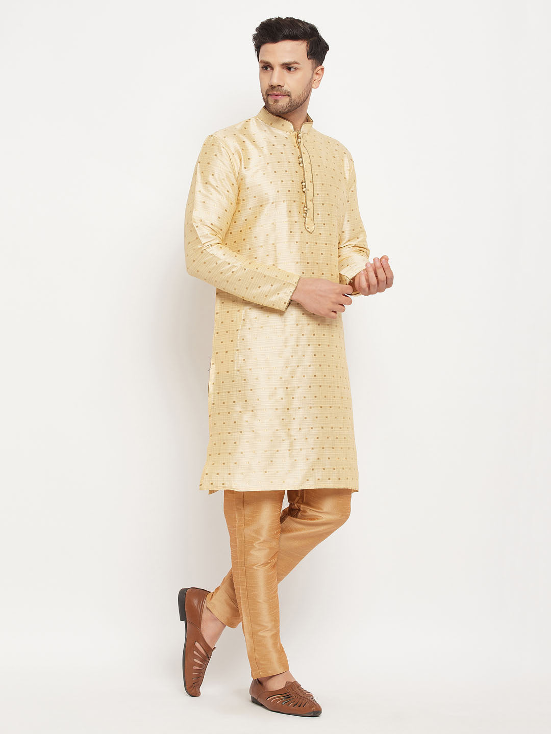 Men's Gold And Rose Gold Silk Blend Kurta Pyjama Set