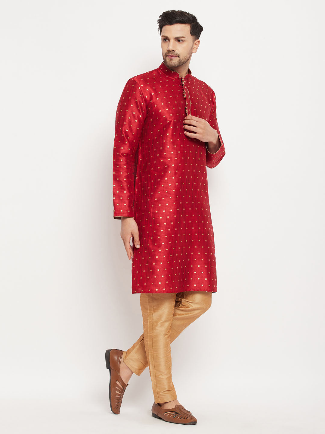 Men's Maroon And Rose Gold Silk Blend Kurta Pyjama Set