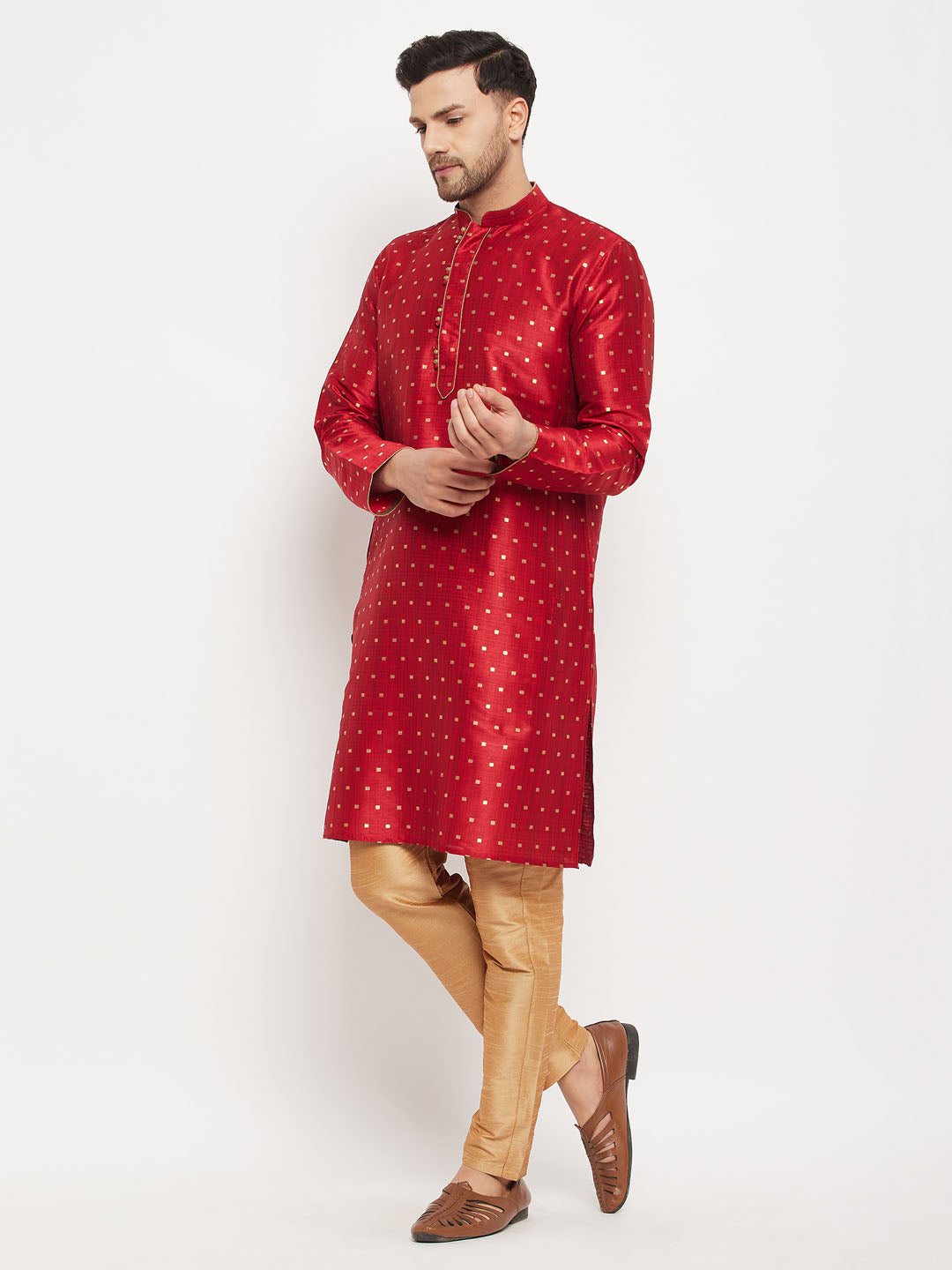 Men's Maroon And Rose Gold Silk Blend Kurta Pyjama Set