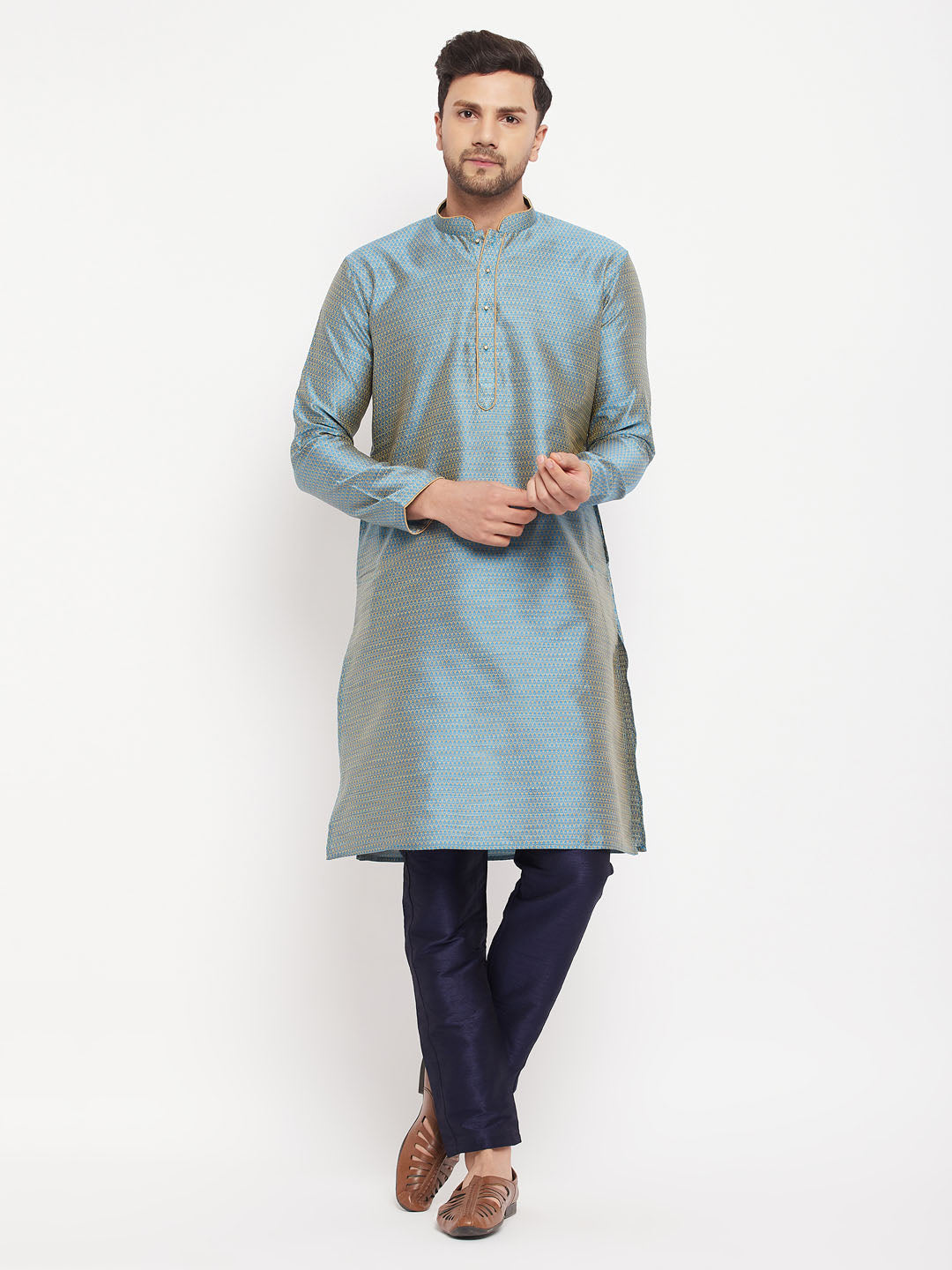 Men's Aqua And Navy Blue Silk Blend Kurta Pyjama Set