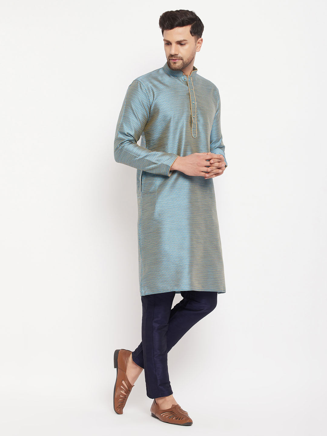 Men's Aqua And Navy Blue Silk Blend Kurta Pyjama Set