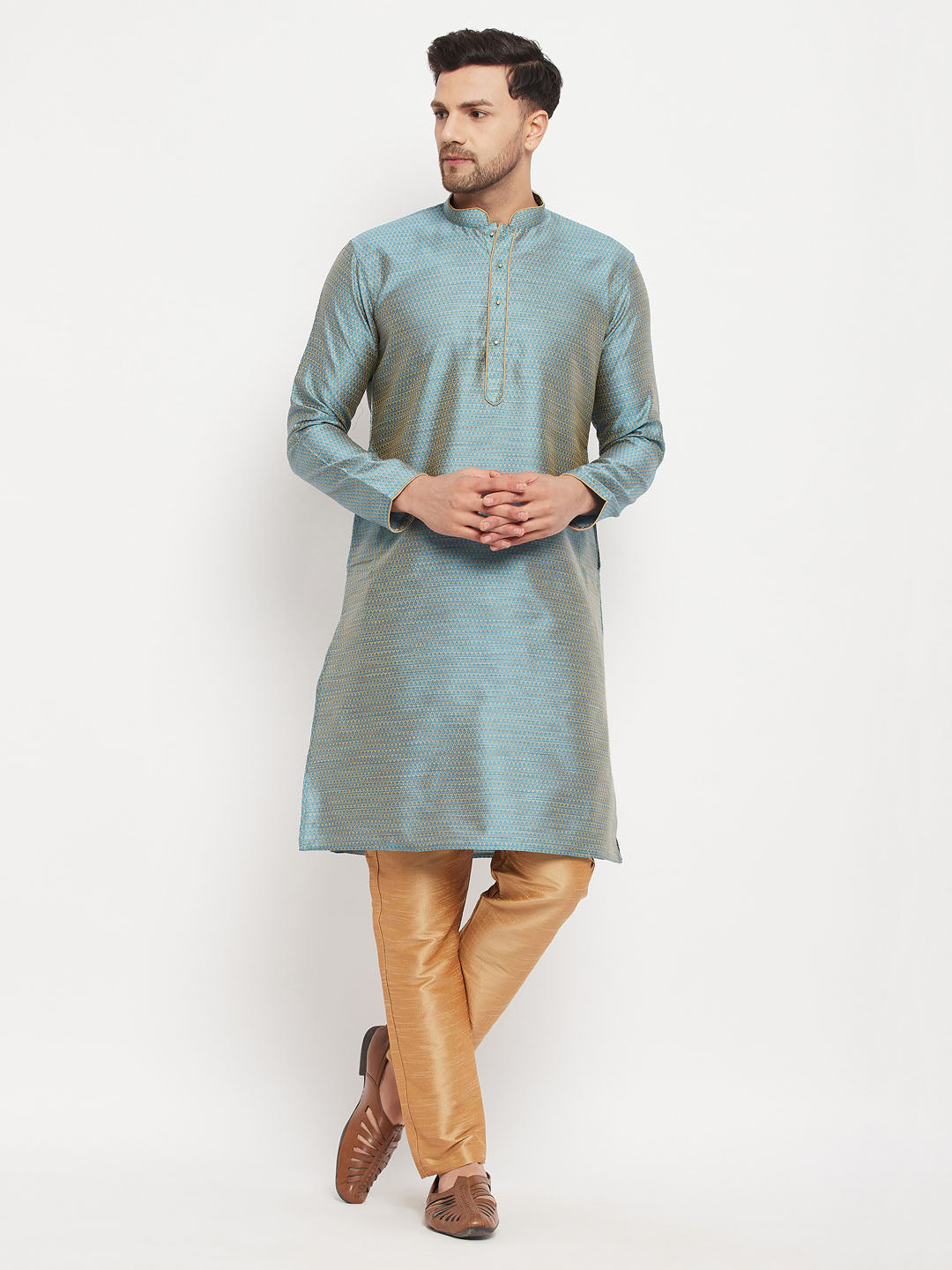 Men's Aqua And Rose Gold Silk Blend Kurta Pyjama Set