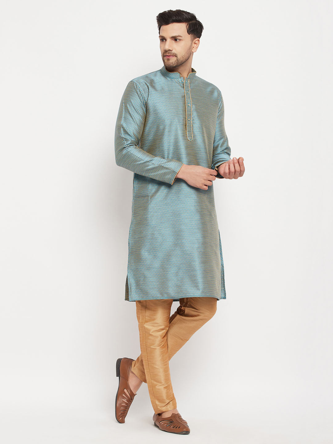 Men's Aqua And Rose Gold Silk Blend Kurta Pyjama Set