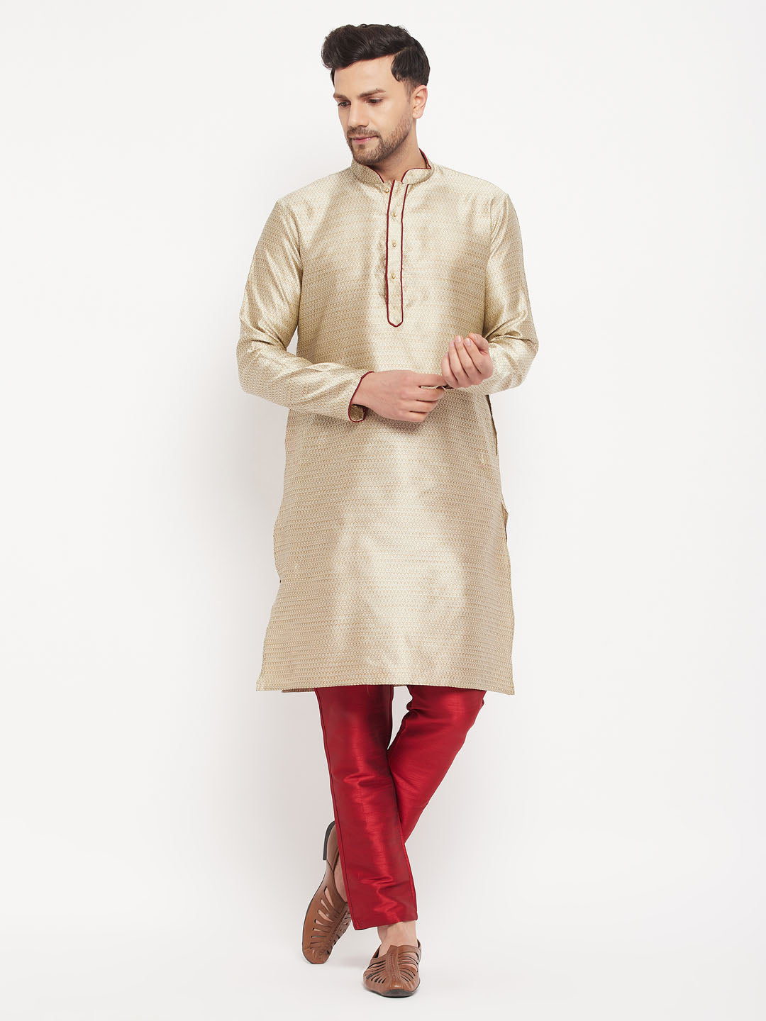 Men's Beige And Maroon Silk Blend Kurta Pyjama Set