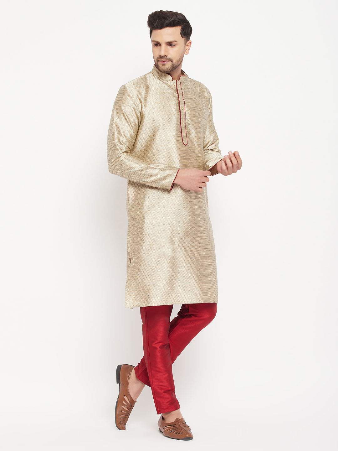 Men's Beige And Maroon Silk Blend Kurta Pyjama Set