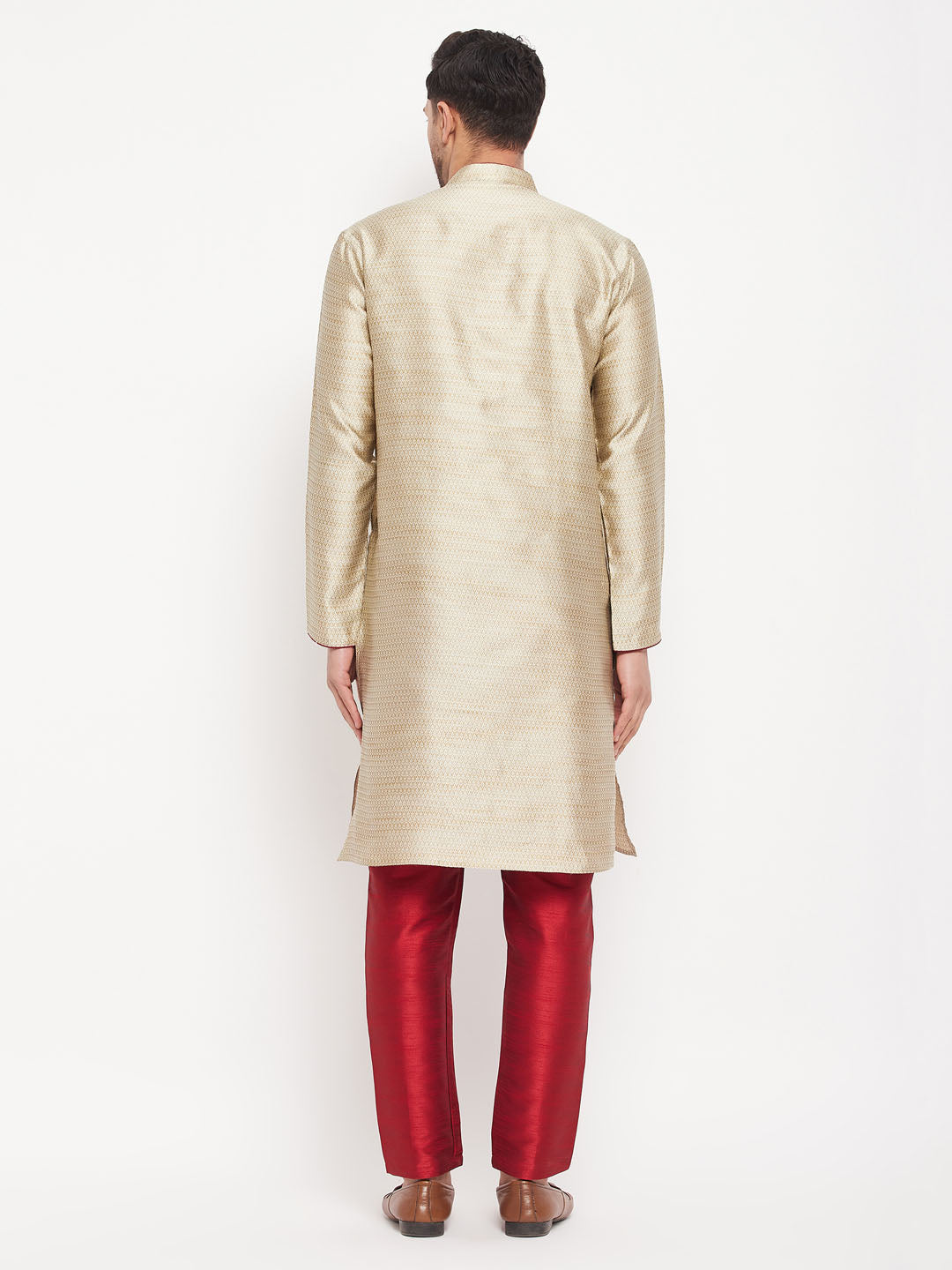 Men's Beige And Maroon Silk Blend Kurta Pyjama Set