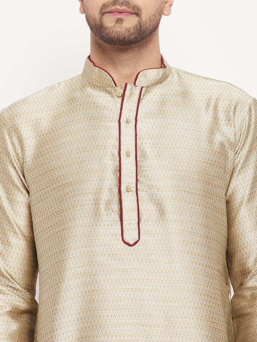 Men's Beige And Maroon Silk Blend Kurta Pyjama Set