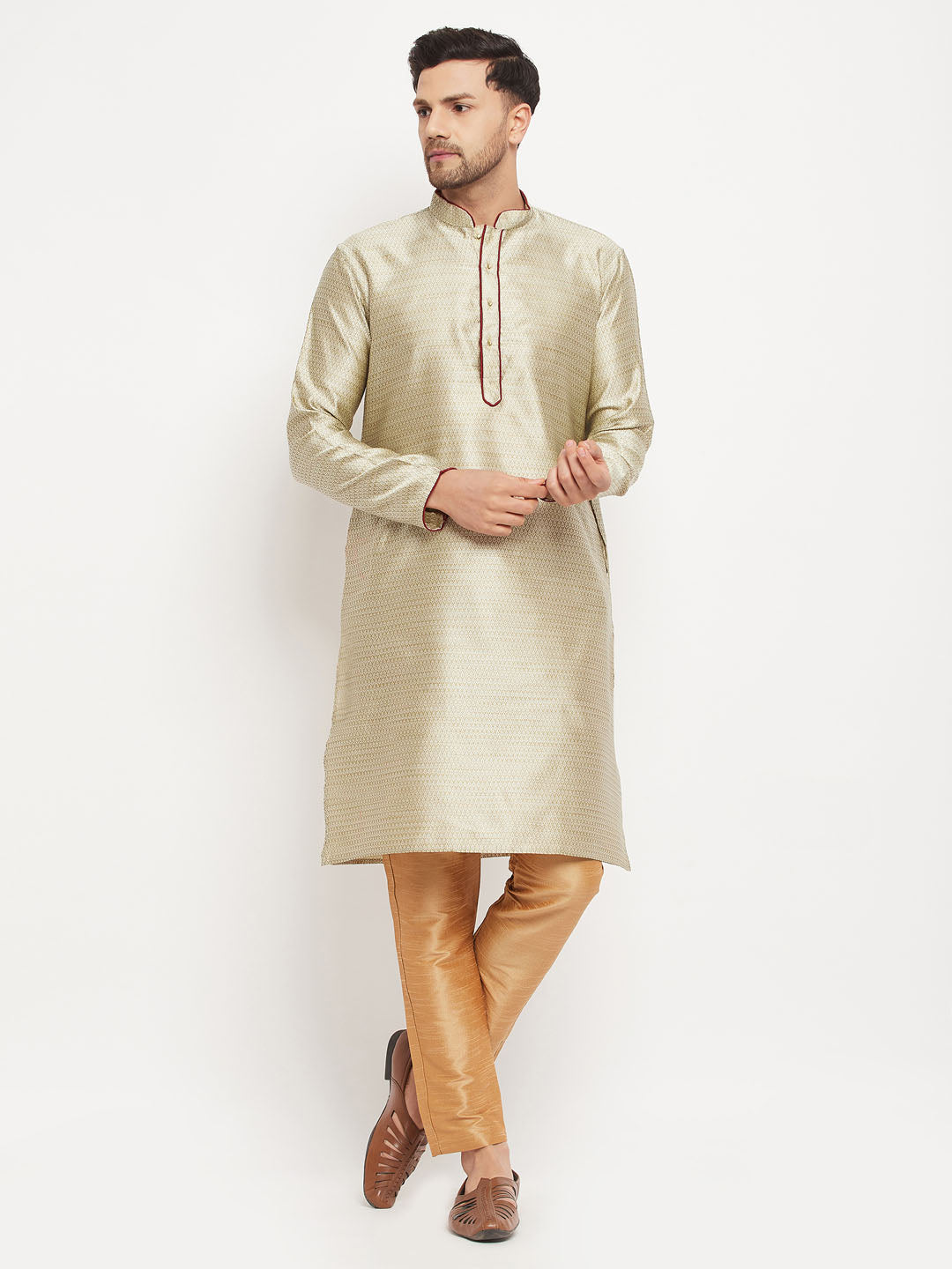 Men's Beige And Rose Gold Silk Blend Kurta Pyjama Set