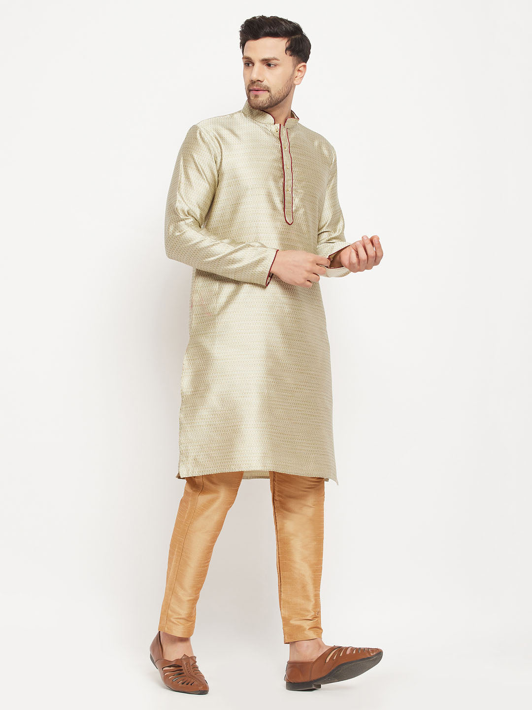 Men's Beige And Rose Gold Silk Blend Kurta Pyjama Set