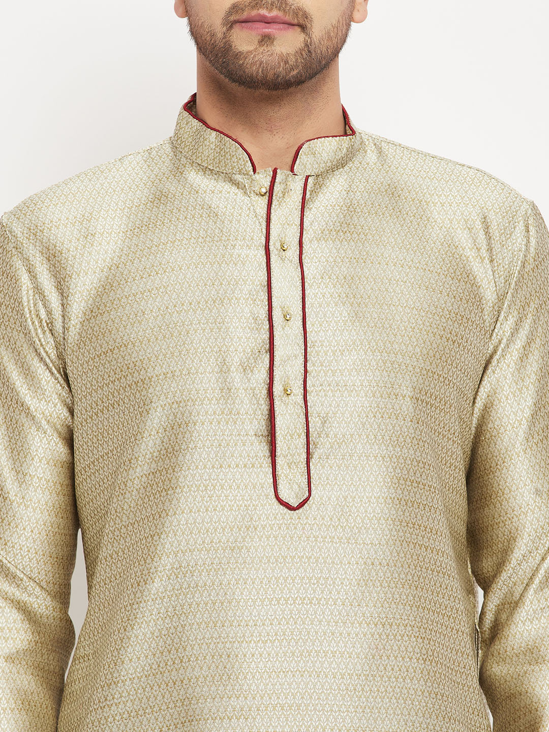 Men's Beige And Rose Gold Silk Blend Kurta Pyjama Set