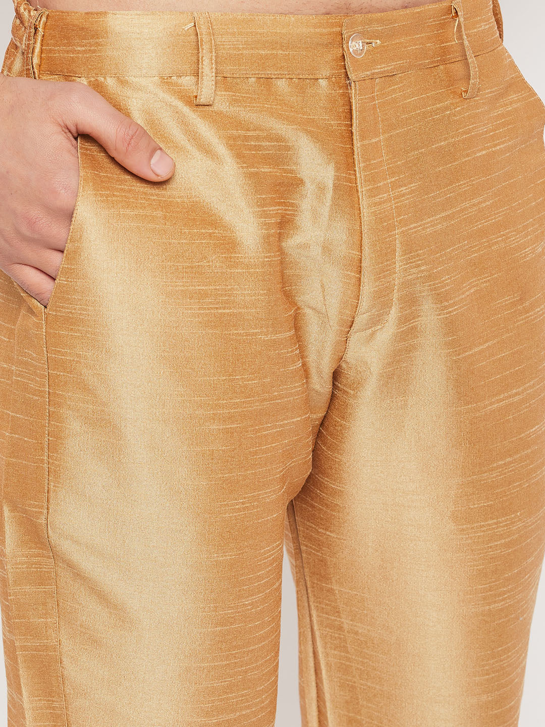 Men's Beige And Rose Gold Silk Blend Kurta Pyjama Set