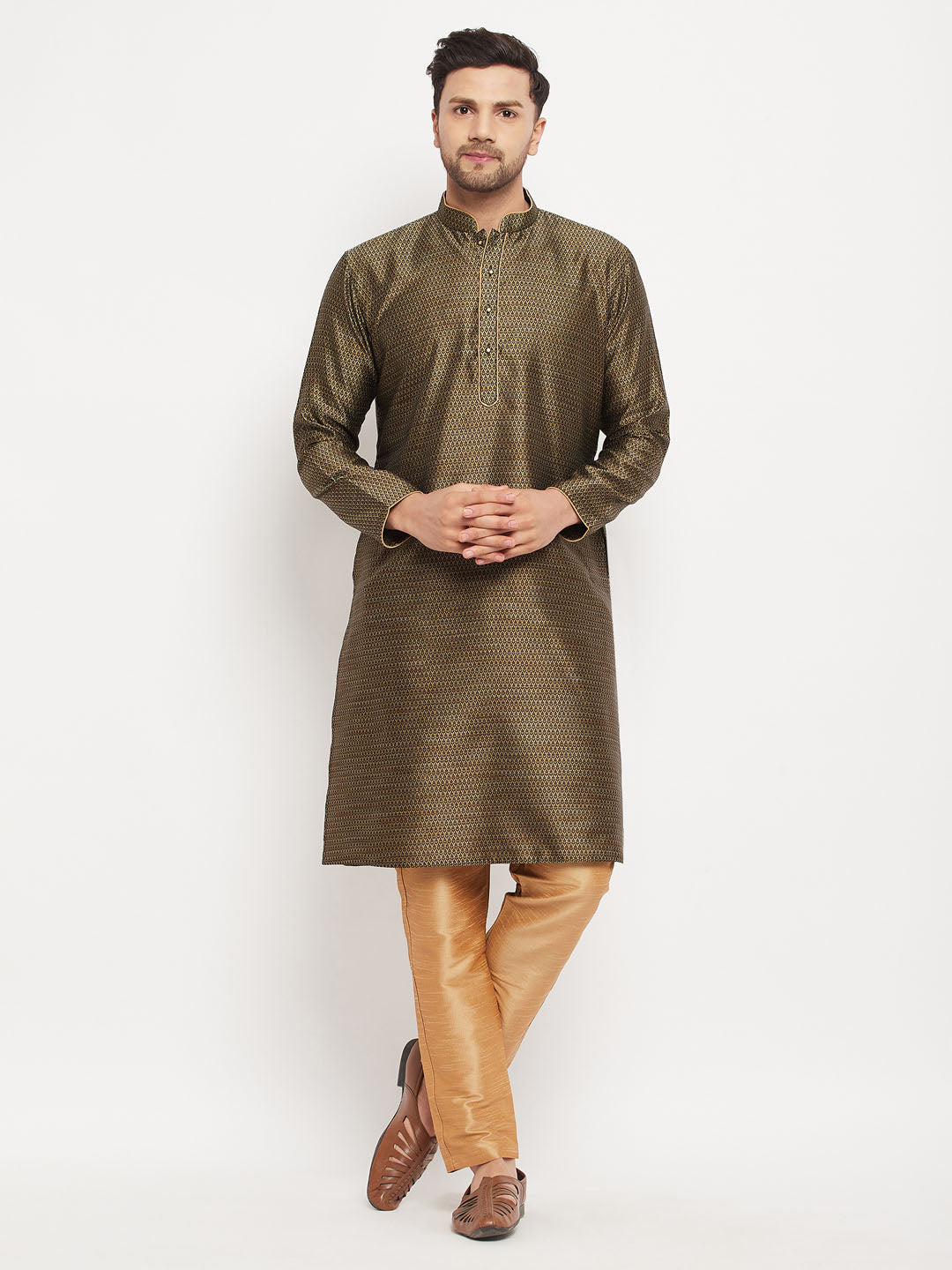 Men's Black And Rose Gold Silk Blend Kurta Pyjama Set