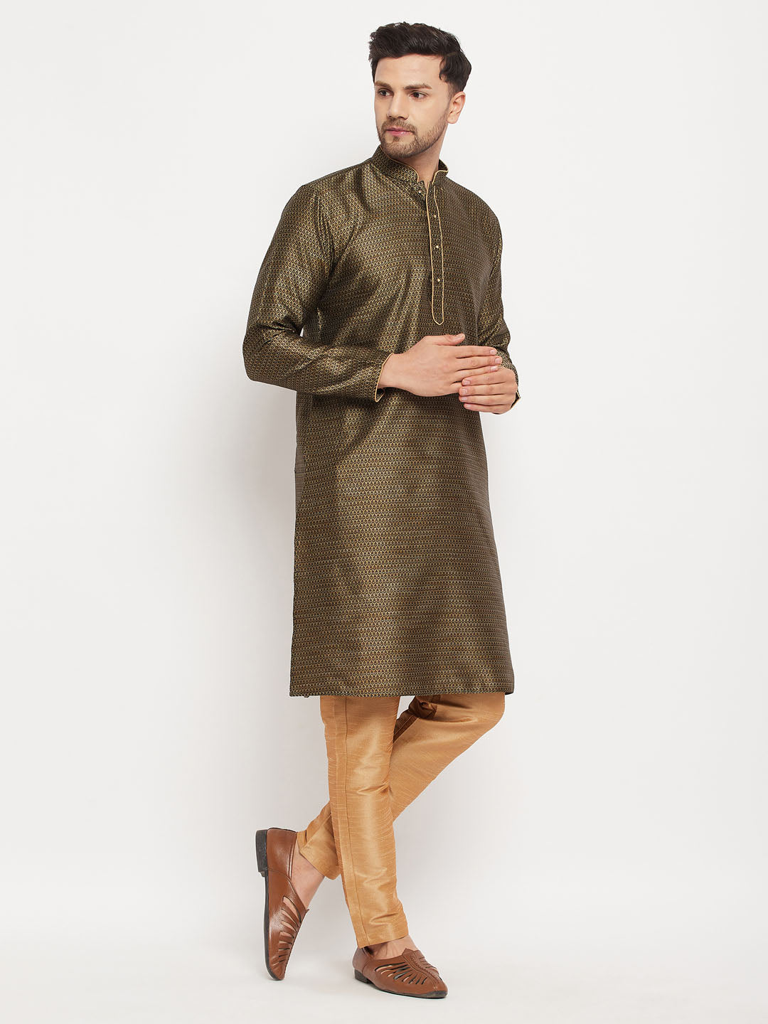 Men's Black And Rose Gold Silk Blend Kurta Pyjama Set