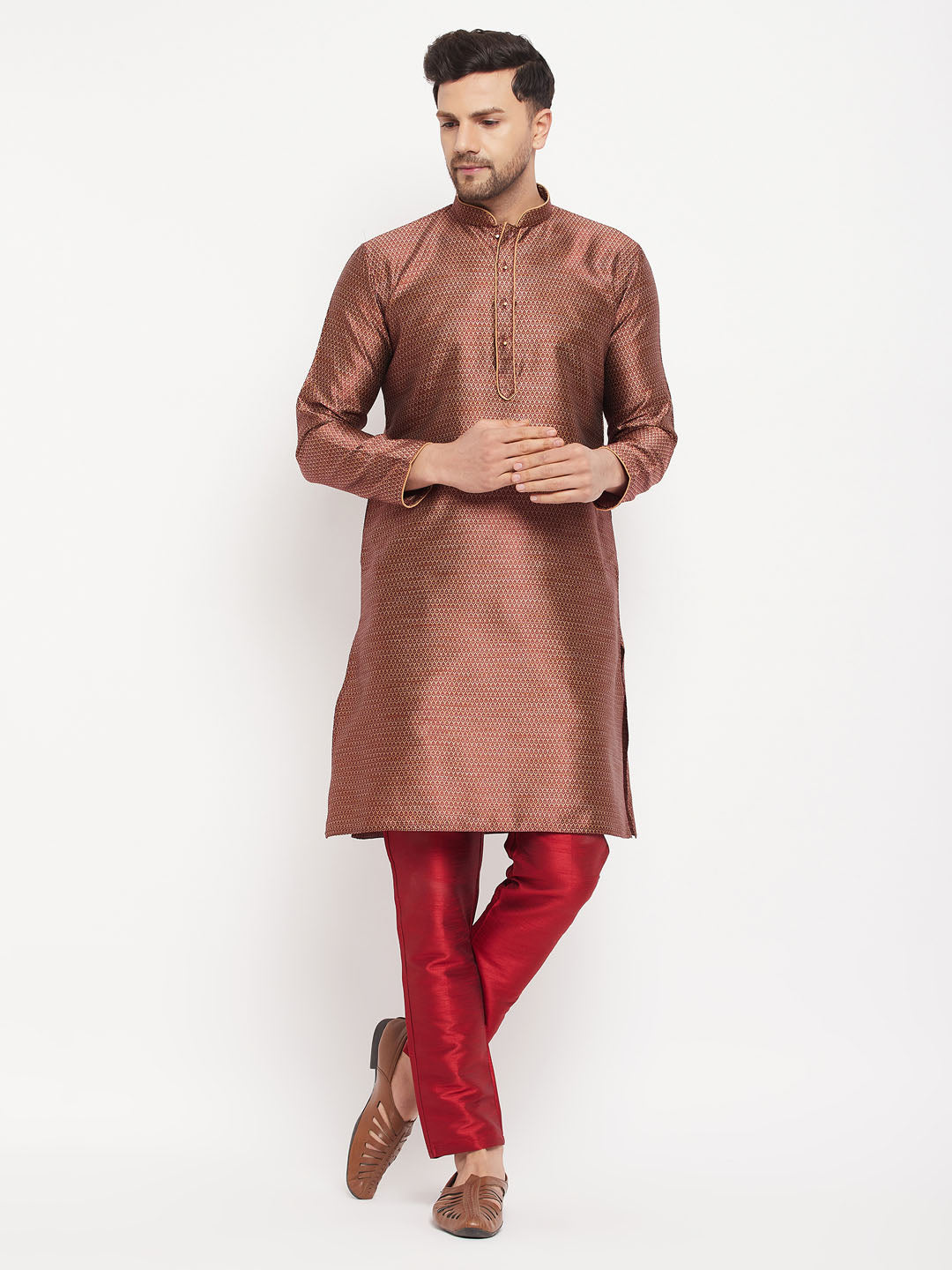 Men's Maroon Silk Blend Kurta Pyjama Set