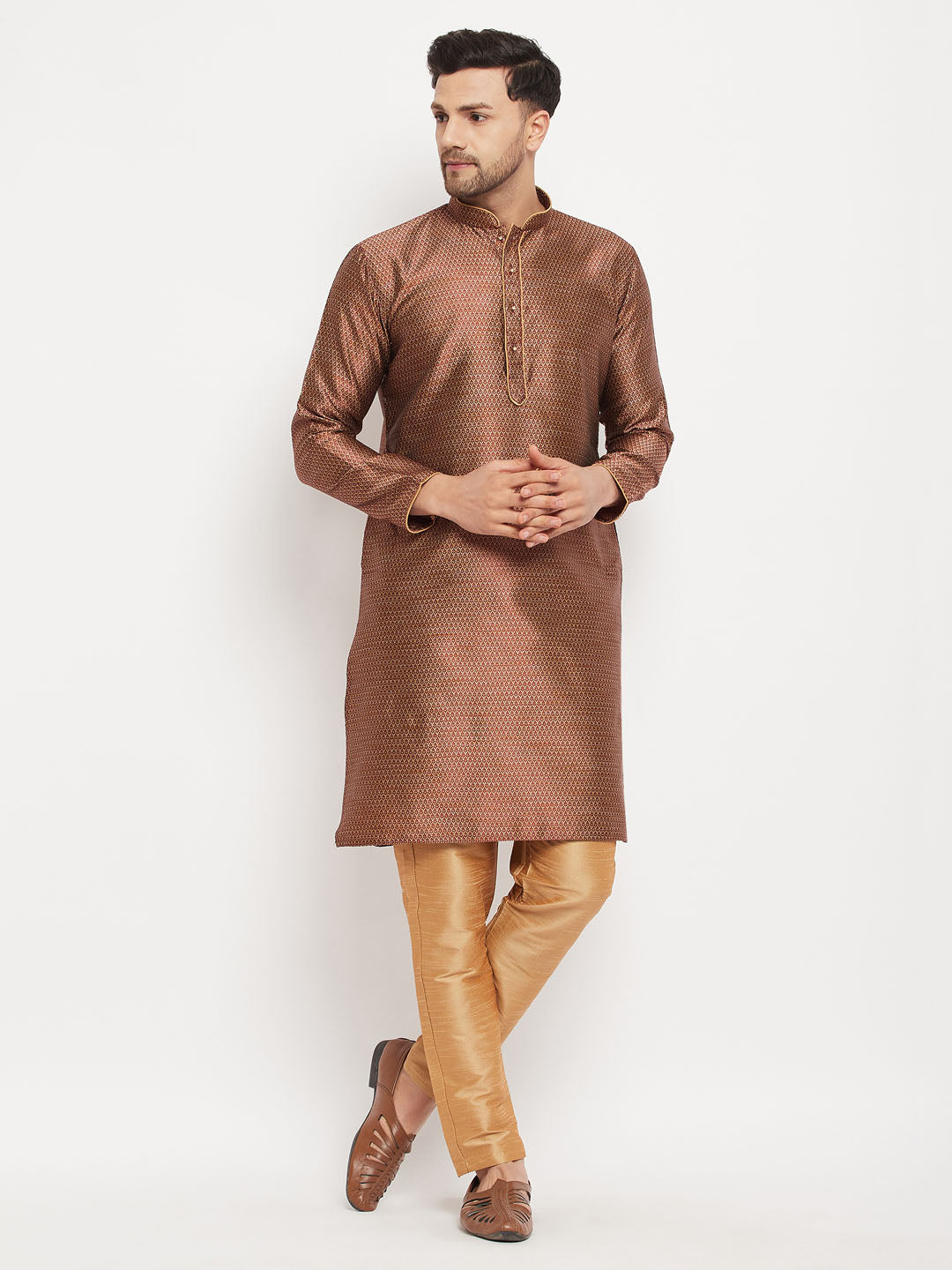 Men's Maroon And Rose Gold Silk Blend Kurta Pyjama Set