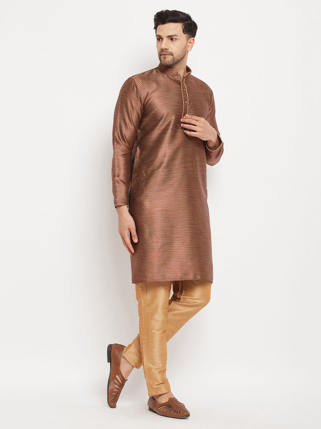 Men's Maroon And Rose Gold Silk Blend Kurta Pyjama Set