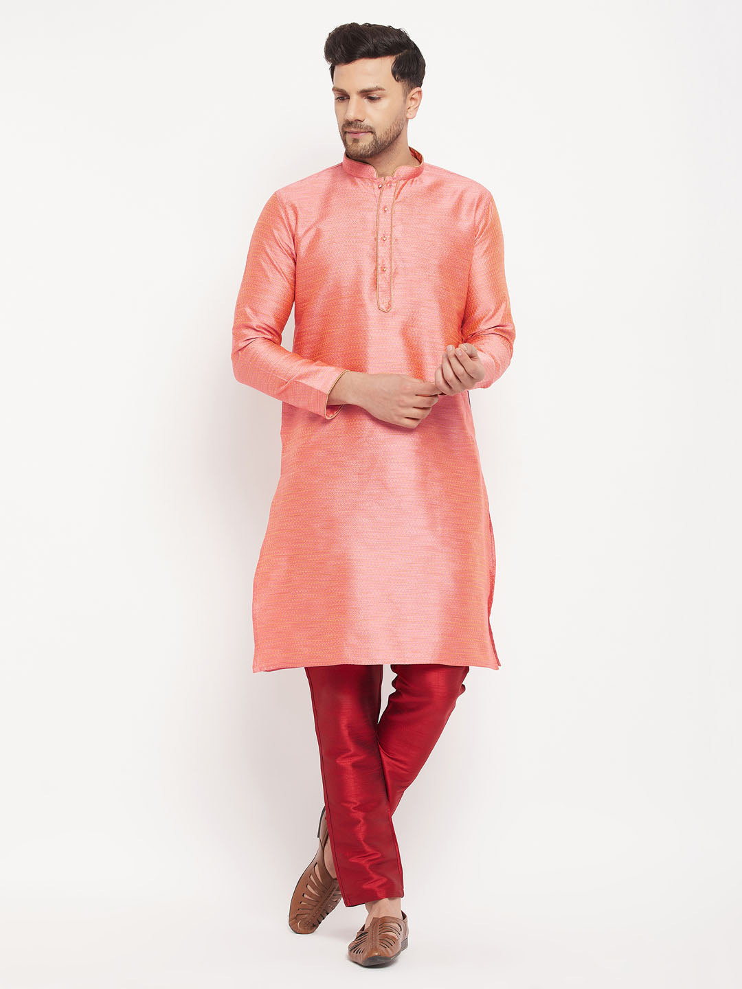 Men's Pink And Maroon Silk Blend Kurta Pyjama Set