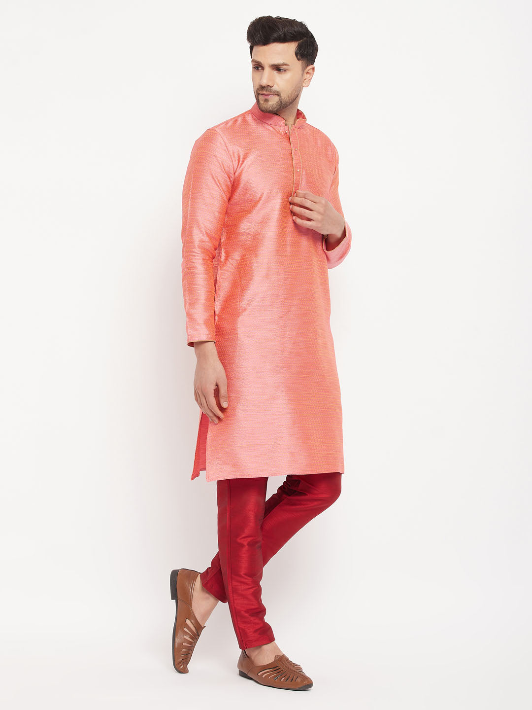 Men's Pink And Maroon Silk Blend Kurta Pyjama Set