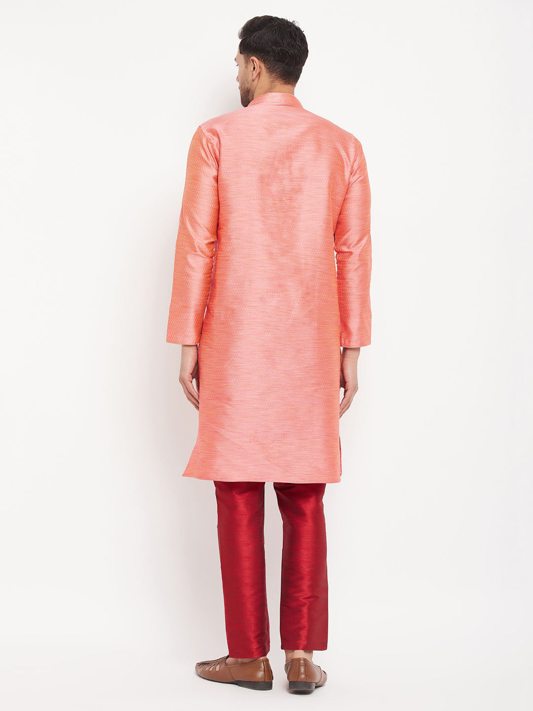 Men's Pink And Maroon Silk Blend Kurta Pyjama Set