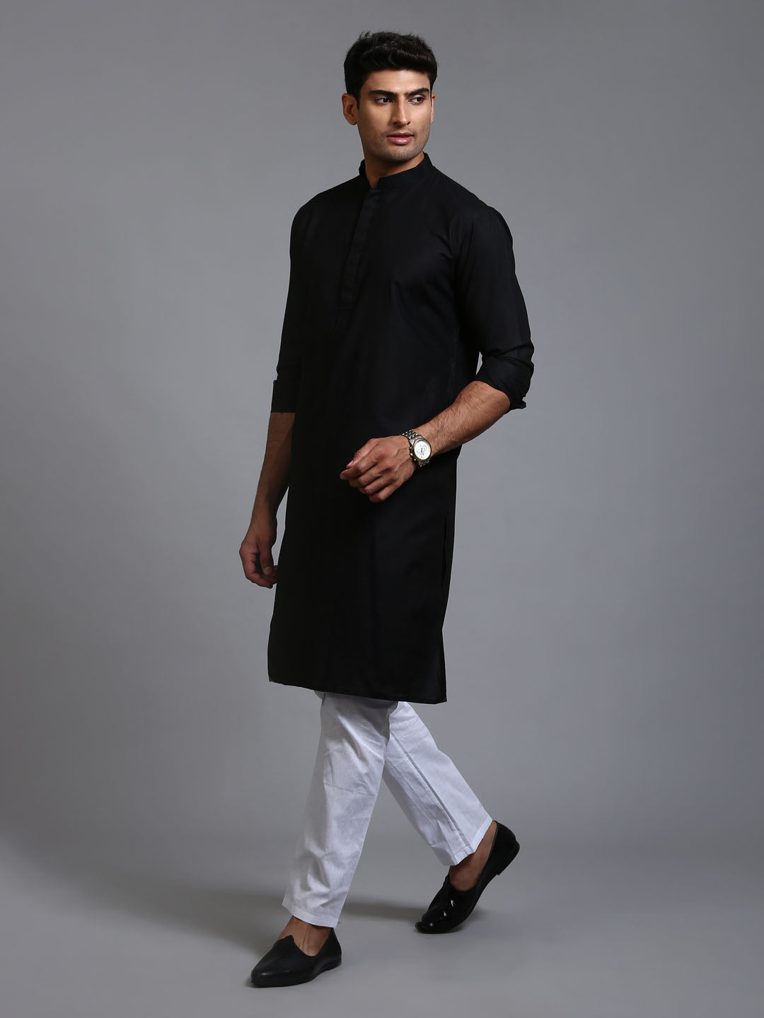 Men's Black And White Cotton Blend Kurta Pyjama Set