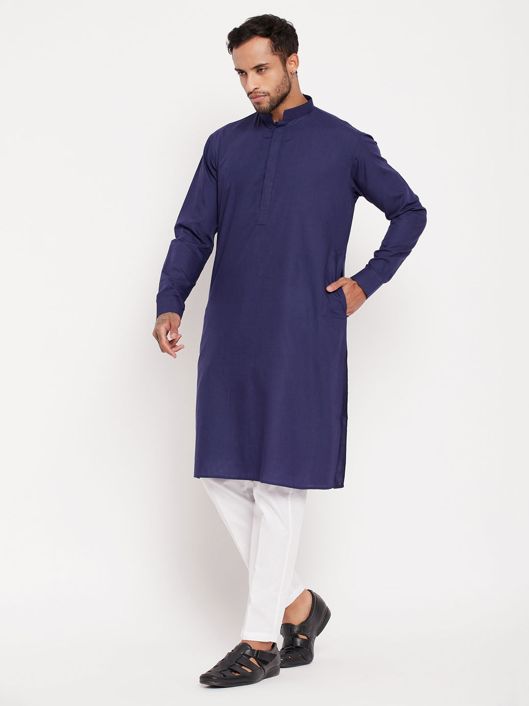 Men's Blue And White Cotton Blend Kurta Pyjama Set