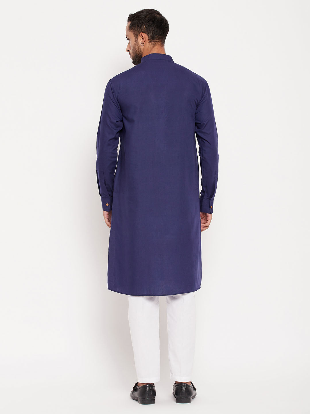 Men's Blue And White Cotton Blend Kurta Pyjama Set