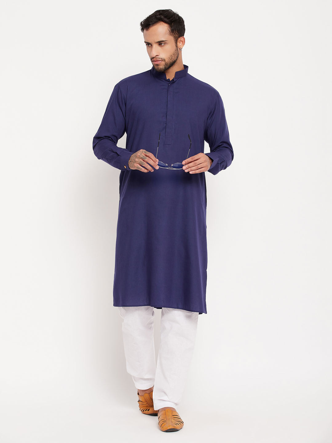 Men's Blue And White Cotton Blend Kurta Pyjama Set