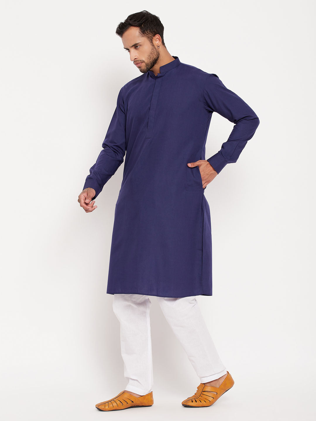 Men's Blue And White Cotton Blend Kurta Pyjama Set