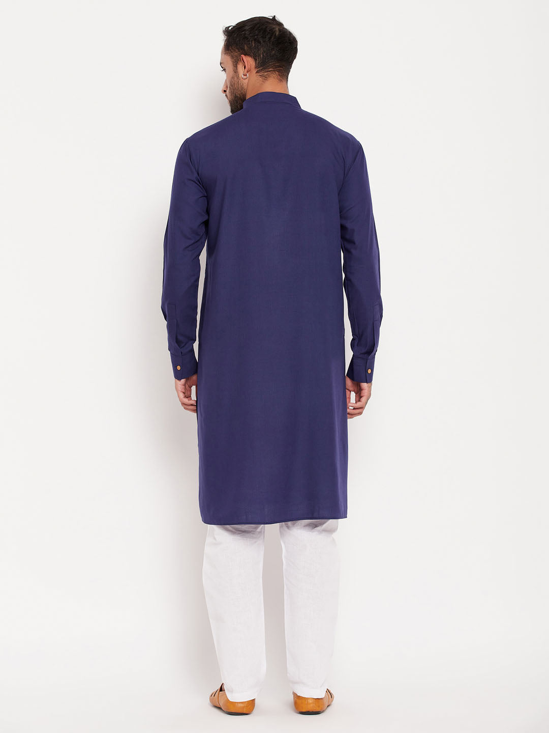 Men's Blue And White Cotton Blend Kurta Pyjama Set