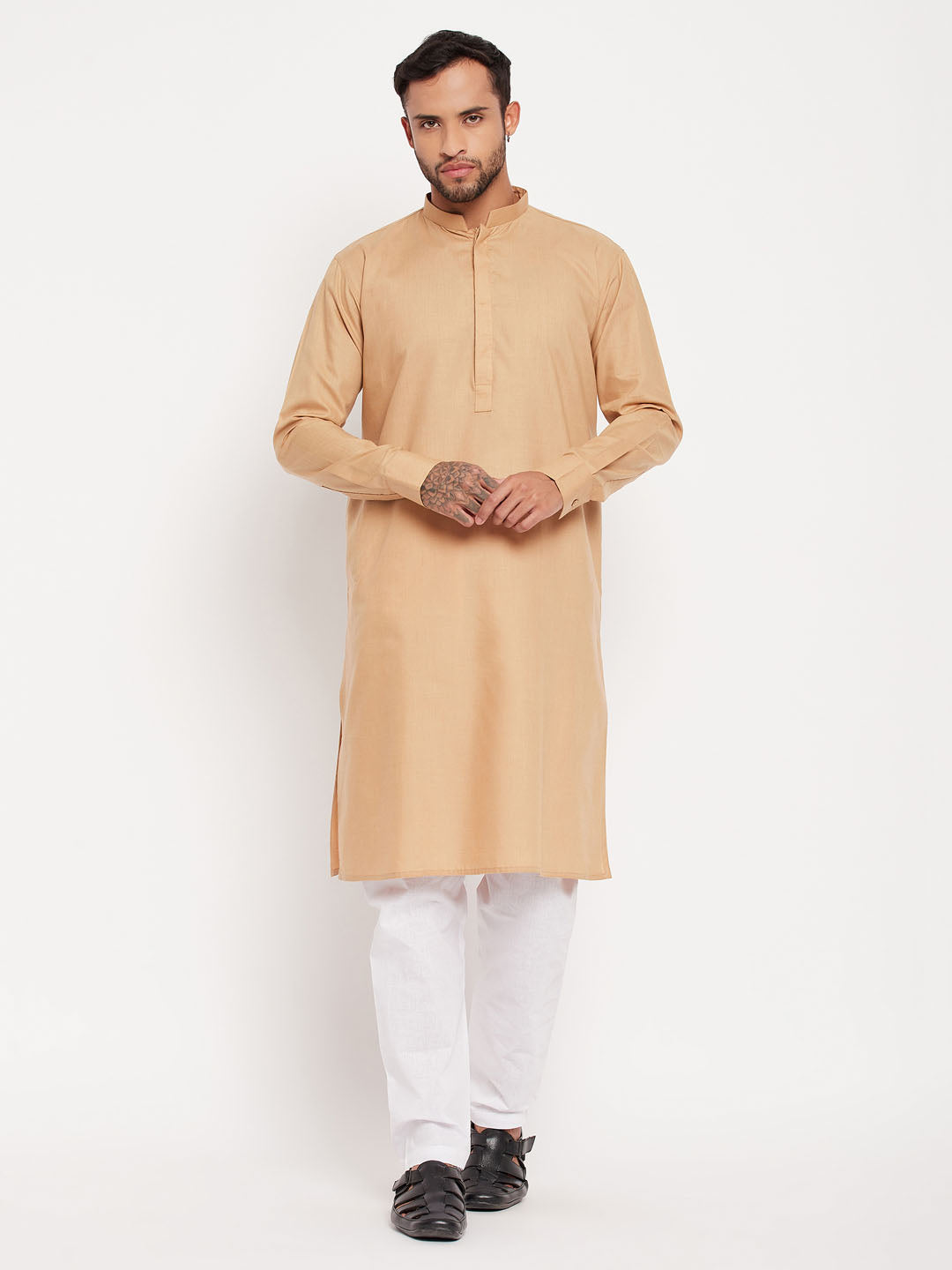 Men's Chiku And White Cotton Blend Kurta Pyjama Set